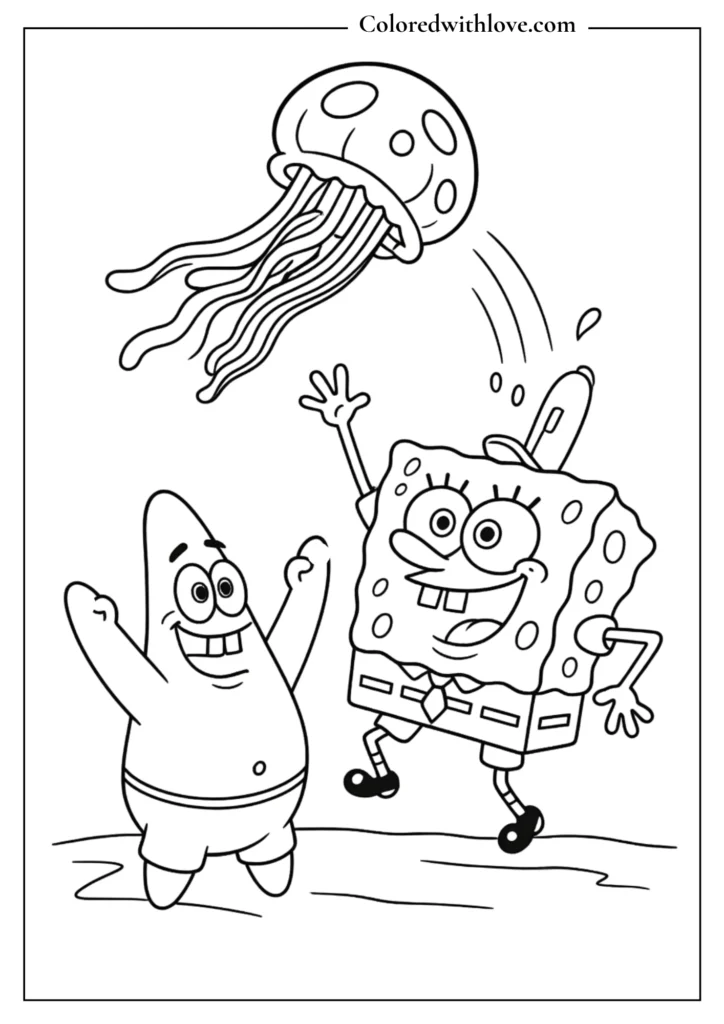 Sponge bob and Patrick Catching jellyfish Coloring Page