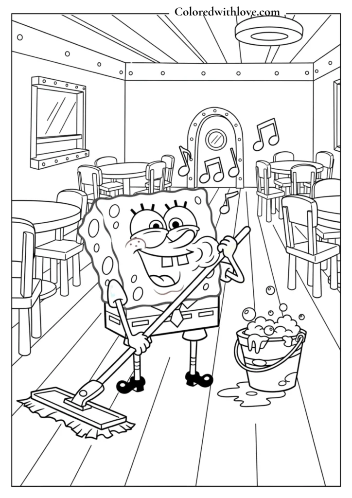 Sponge bob cleaning the floor coloring page