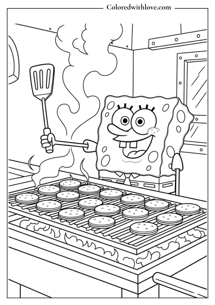 SpongeBob cooking several Krabby Patties Coloring Page