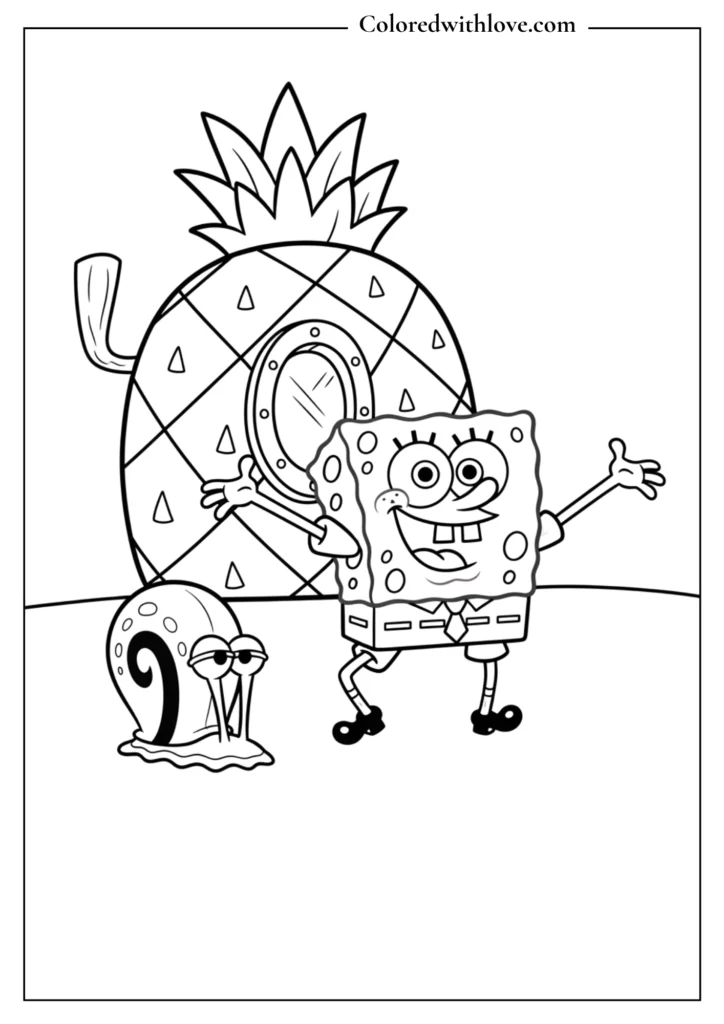 SpongeBob dancing happily with Gary the snail Coloring Page