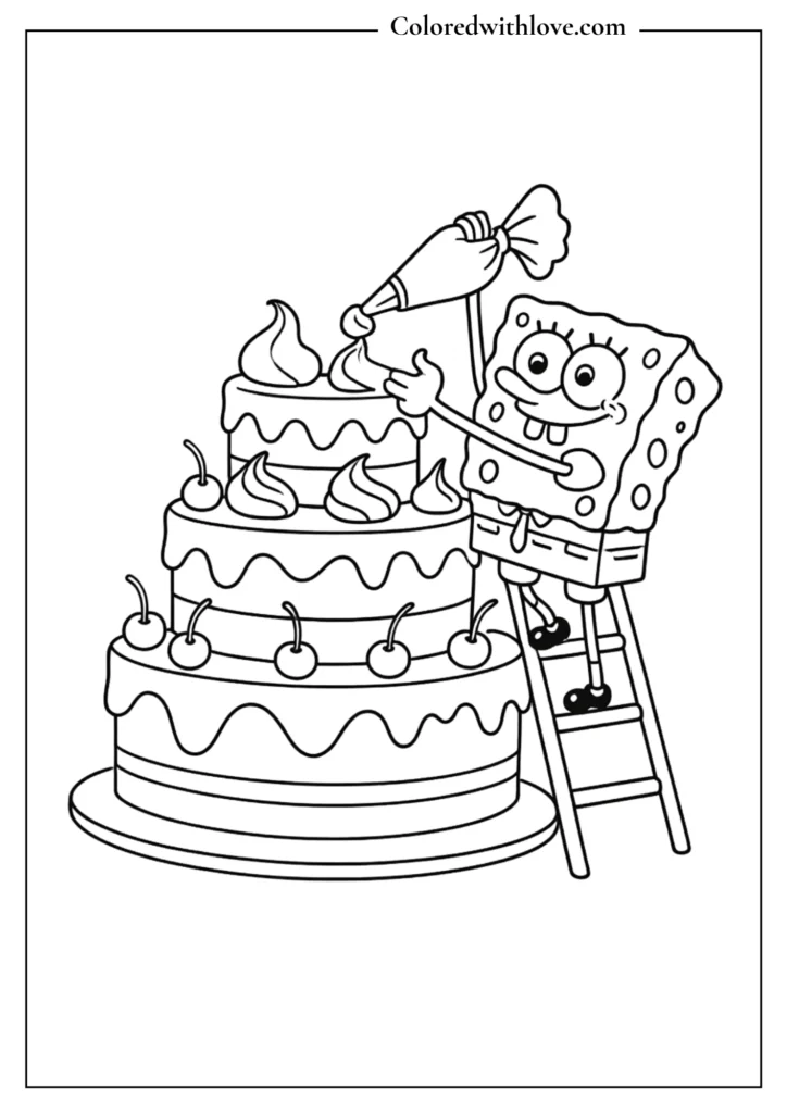 SpongeBob decorating a giant cake Coloring Page