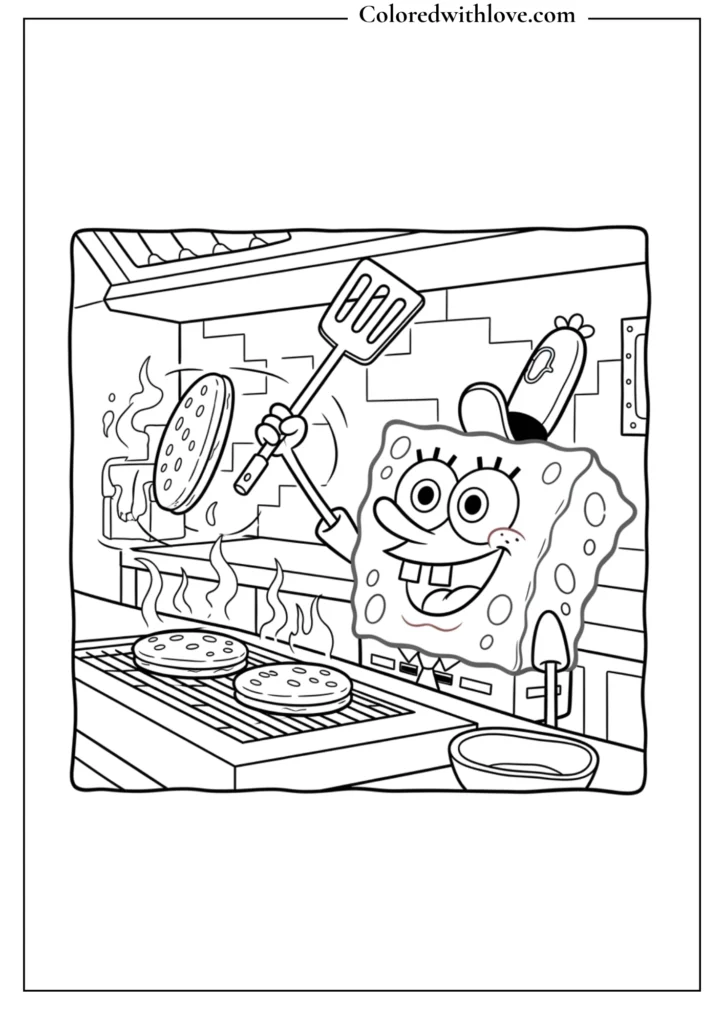 
SpongeBob flipping Krabby Patties coloring page