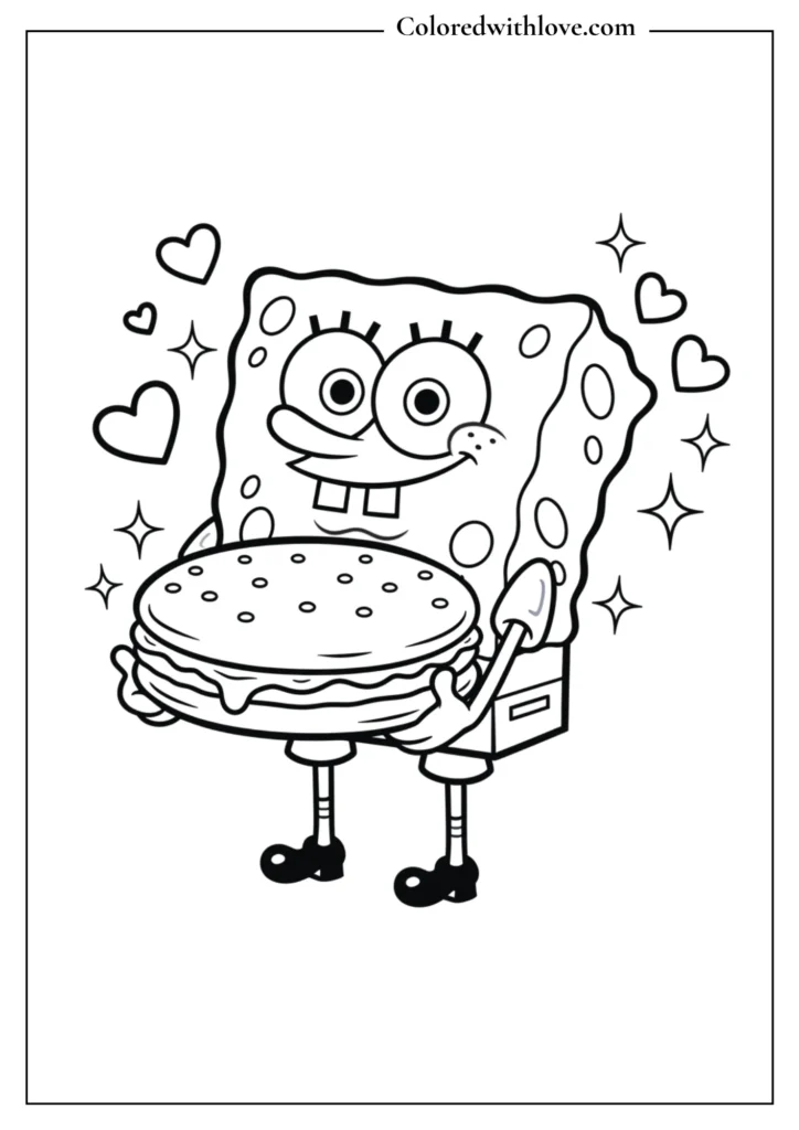 SpongeBob holding a giant Krabby Patty Coloring Page