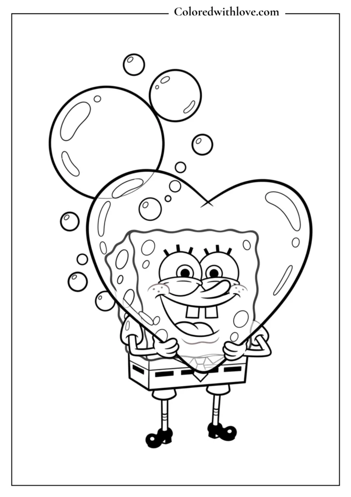SpongeBob holding a giant heart bubble Coloring Page