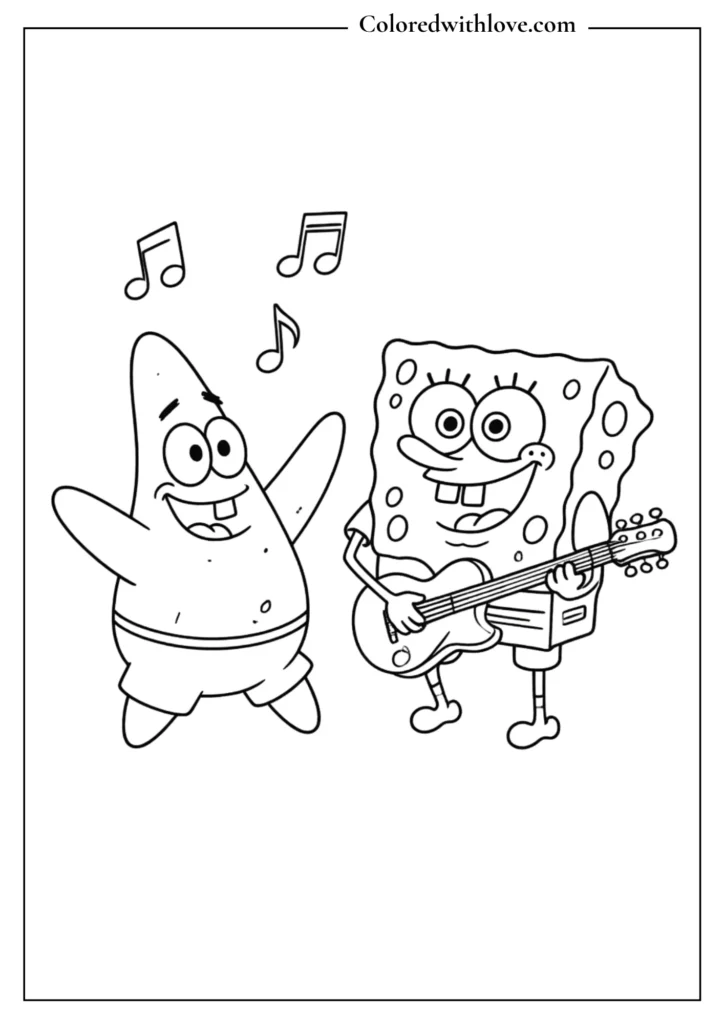 SpongeBob playing guitar while Patrick dances Coloring Page