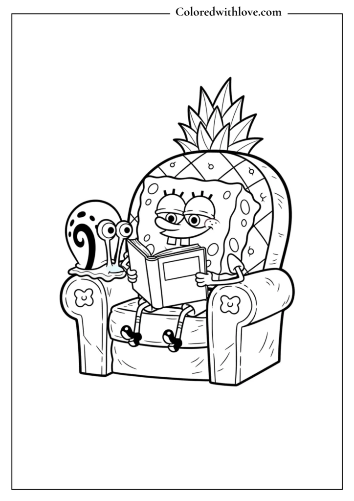 SpongeBob reading a book in a comfy chair Coloring Page