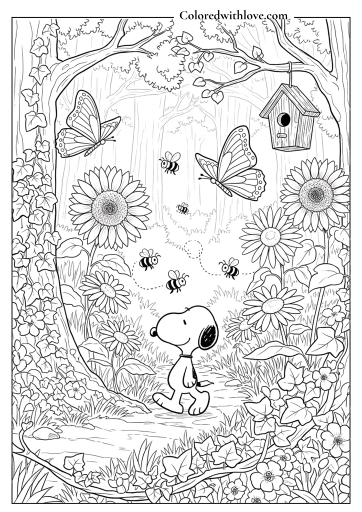  Snoopy in a dense spring garden with giant sunflowers and butterflies coloring page