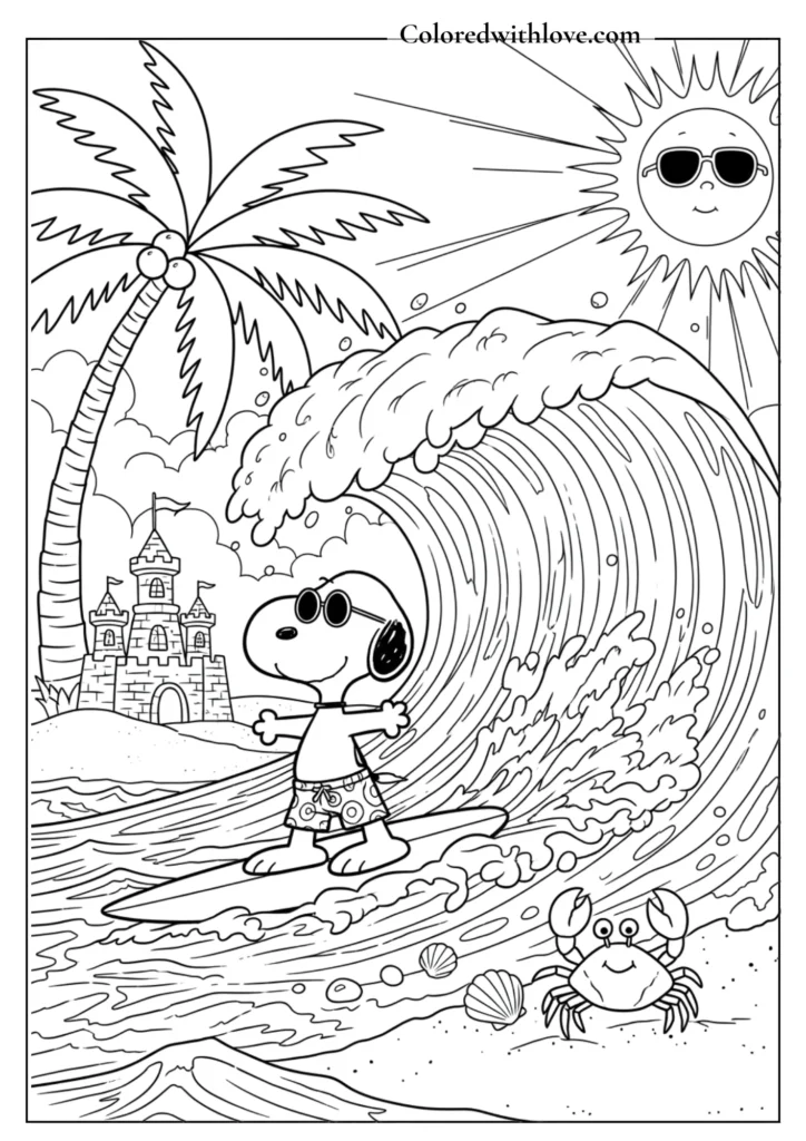 Snoopy surfing a giant ocean wave at a tropical summer beach coloring page.