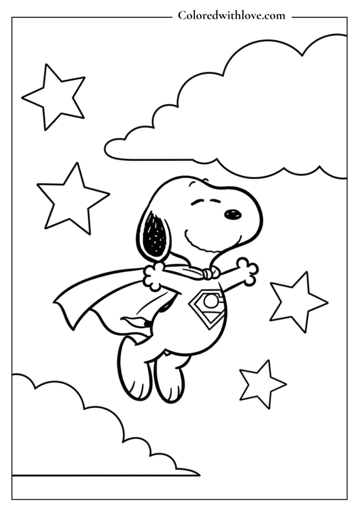 Simple toddler coloring page of Superhero Snoopy flying in the sky.