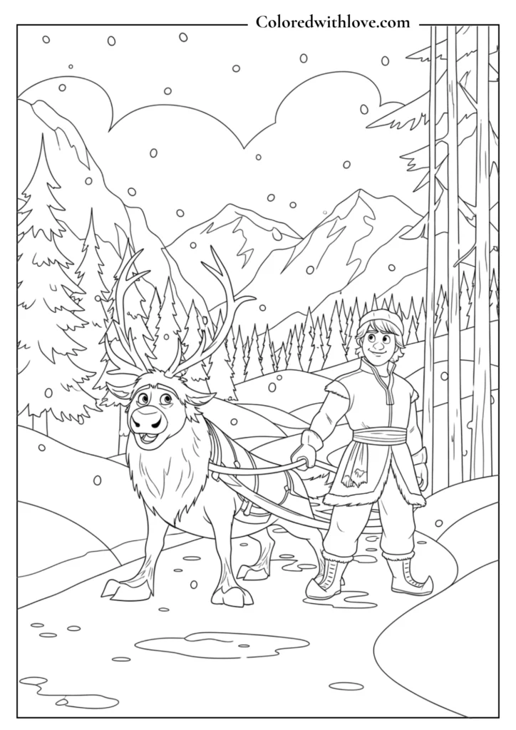 Kristoff leading Sven on a path through a snowy pine forest and mountains, coloring page.