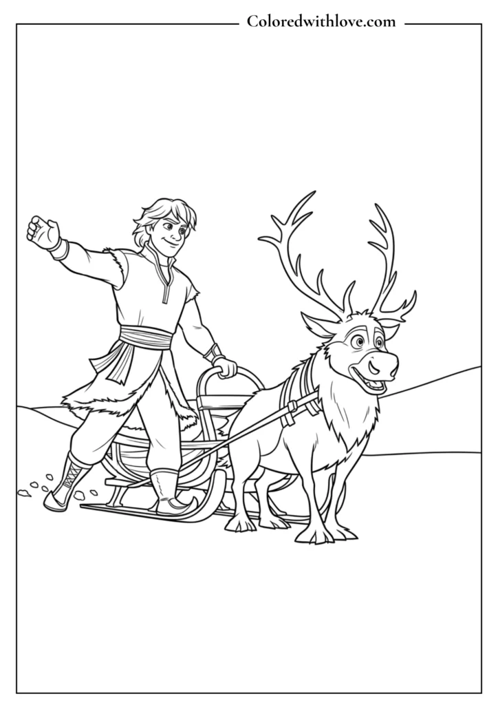 Kristoff pointing the way while holding the reins of a sled attached to Sven, coloring page.