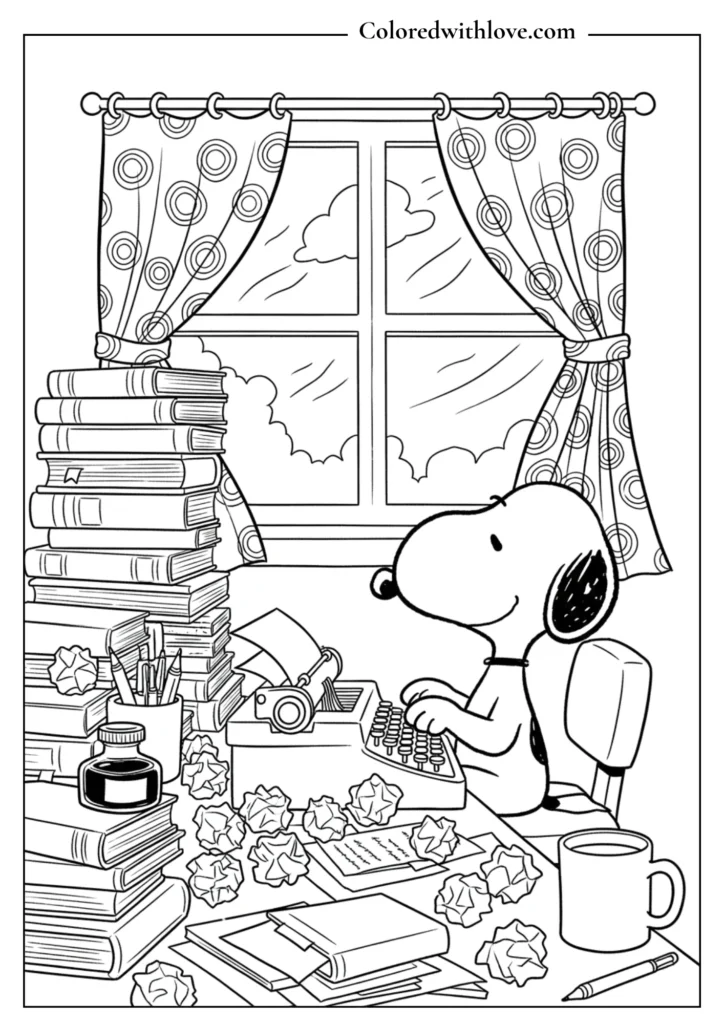 Snoopy typing on a classic typewriter at a messy desk coloring page.
