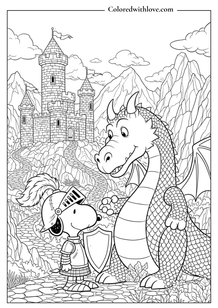 Brave Knight Snoopy facing a friendly dragon by a giant castle fantasy coloring page.