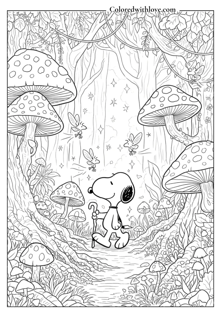 Snoopy exploring a magical enchanted forest with giant mushrooms coloring page.