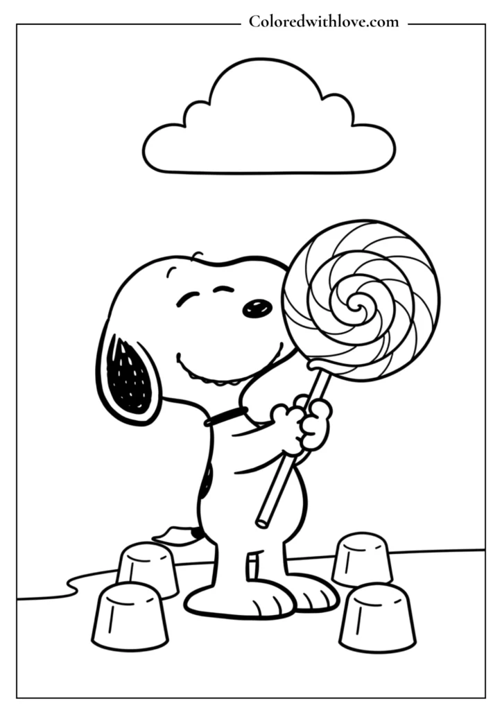 Simple preschool coloring page of Snoopy holding a giant lollipop.