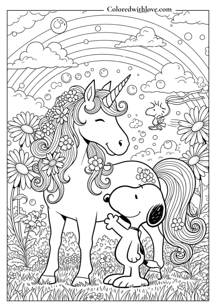 Snoopy petting a magical unicorn with a big rainbow in the background coloring page.