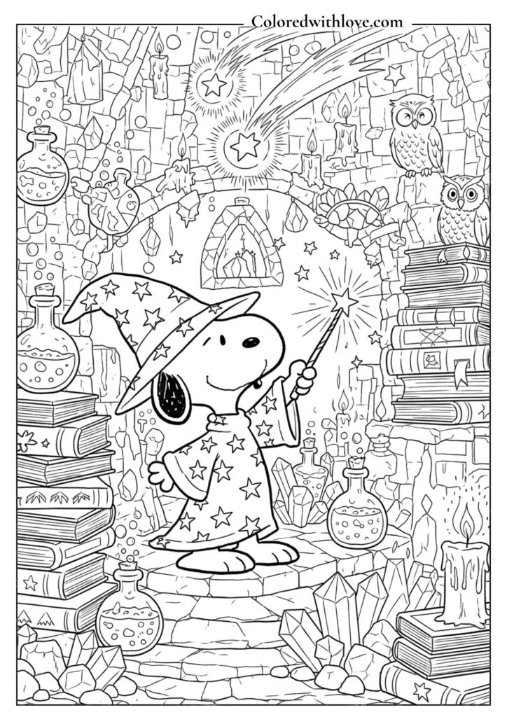 Wizard Snoopy casting a spell in a detailed magical stone tower coloring page.