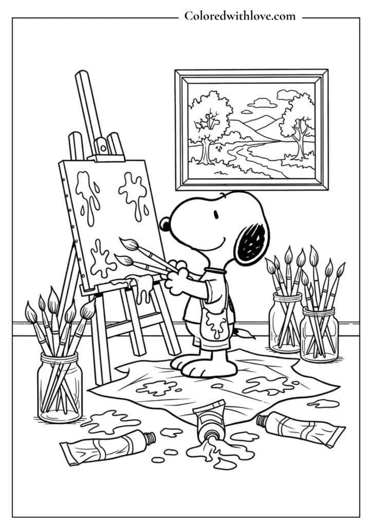 Snoopy flying a diamond kite on a very windy day printable coloring page