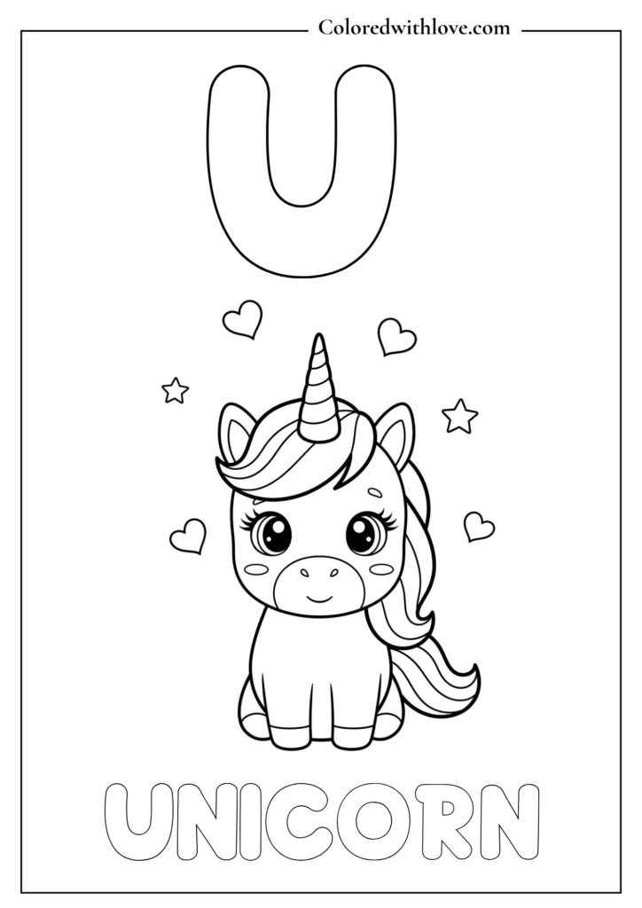 U is for Unicorn alphabet coloring page
