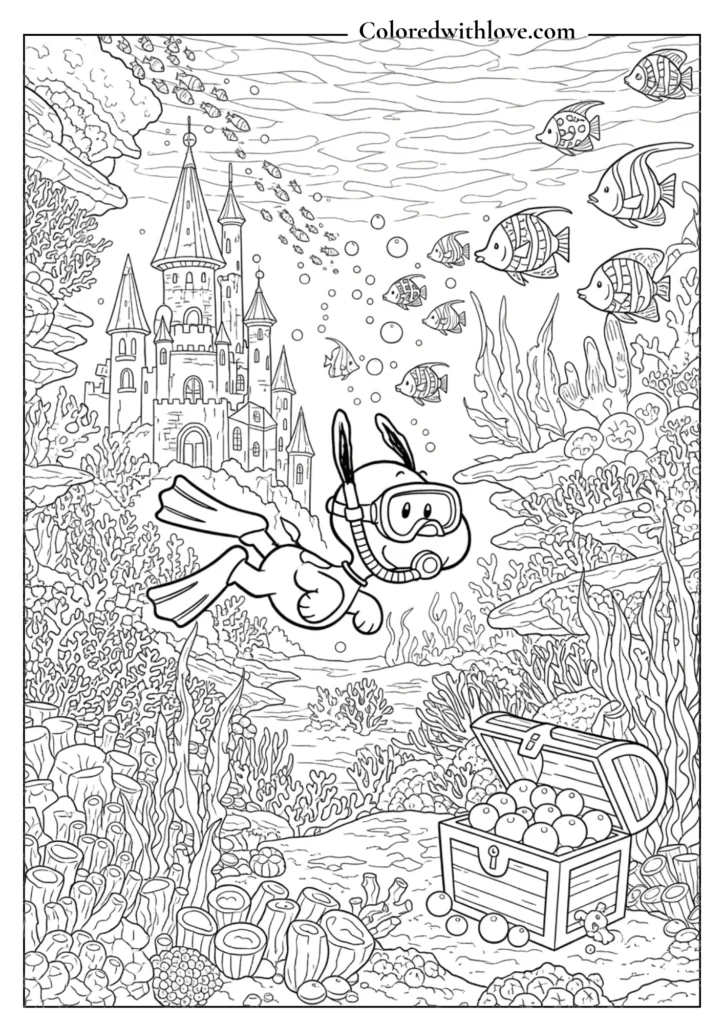  Snoopy scuba diving near a detailed underwater castle and coral reef coloring page.