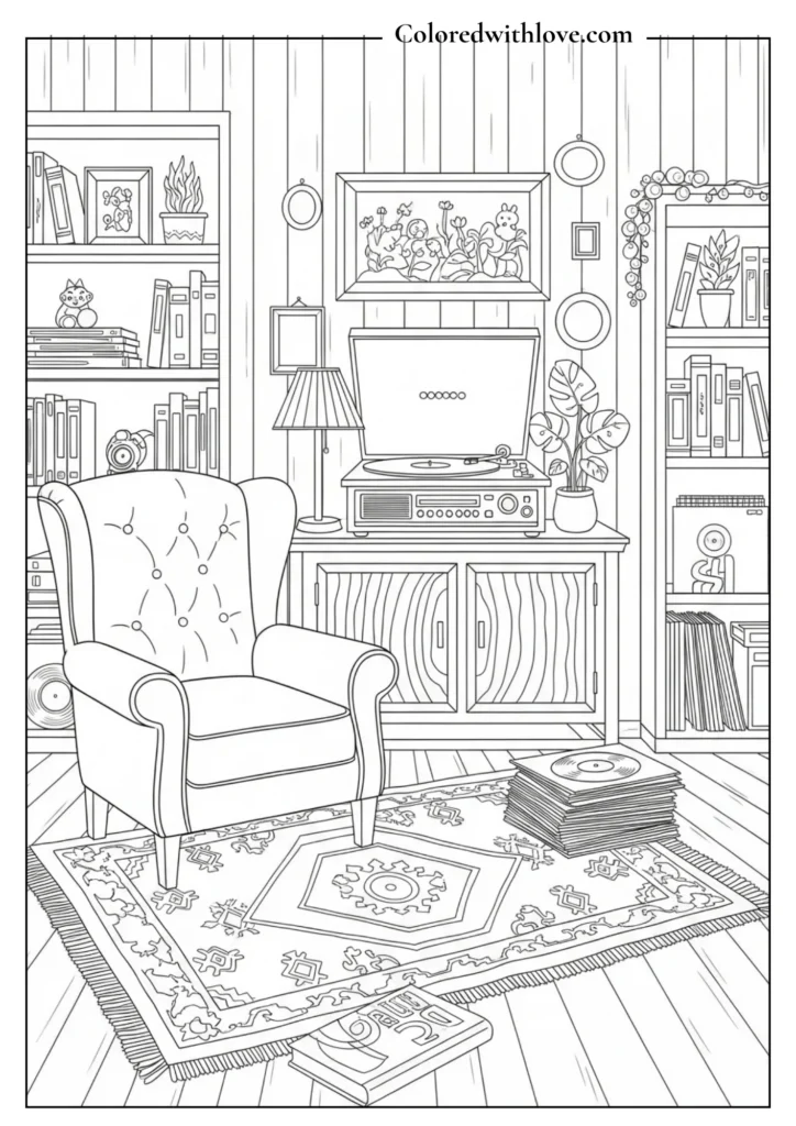 Vintage cozy living room coloring page with armchair and record player