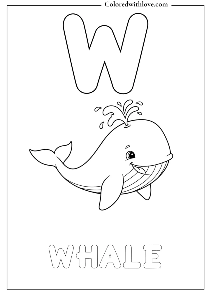 W is for whale alphabet coloring page