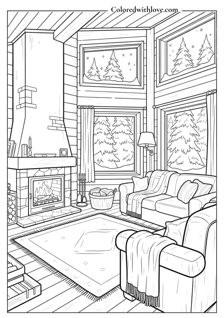 Cozy winter cabin living room coloring page with fireplace and snow view