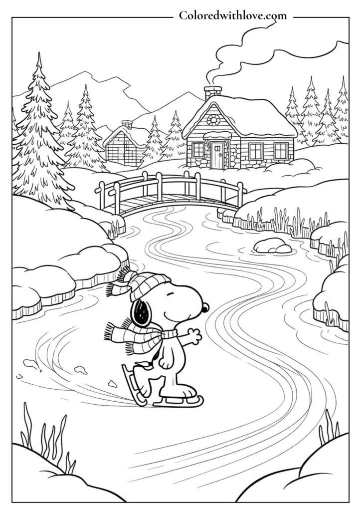  Snoopy ice skating on a frozen pond by a winter cabin coloring page.