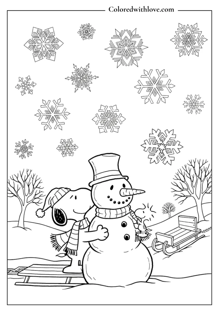Snoopy and Woodstock building a giant winter snowman printable coloring page.
