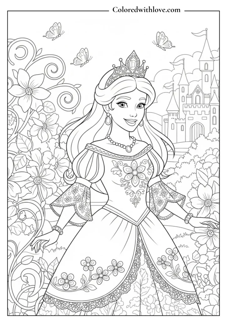 Beautiful princess wearing a long flowing gown and a crown