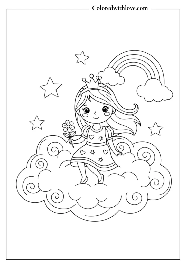 cute princess sitting on a cloud Coloring pages