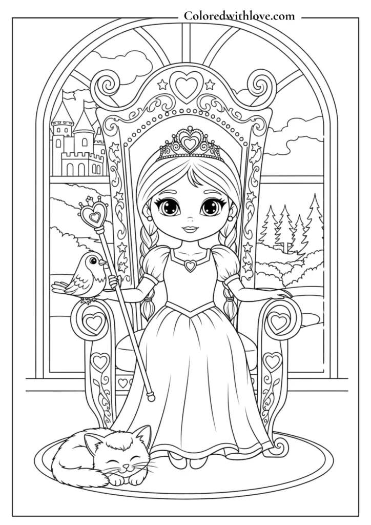 Cute princess sitting on a throne with royal decorations