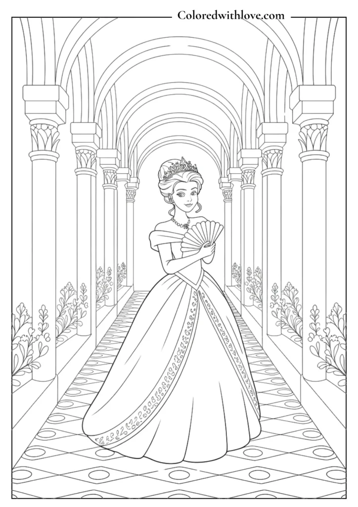 elegant princess standing in a castle hallway 