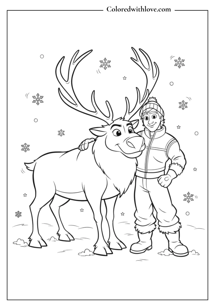 Kristoff standing in the snow, resting his arm on his reindeer Sven coloring page.