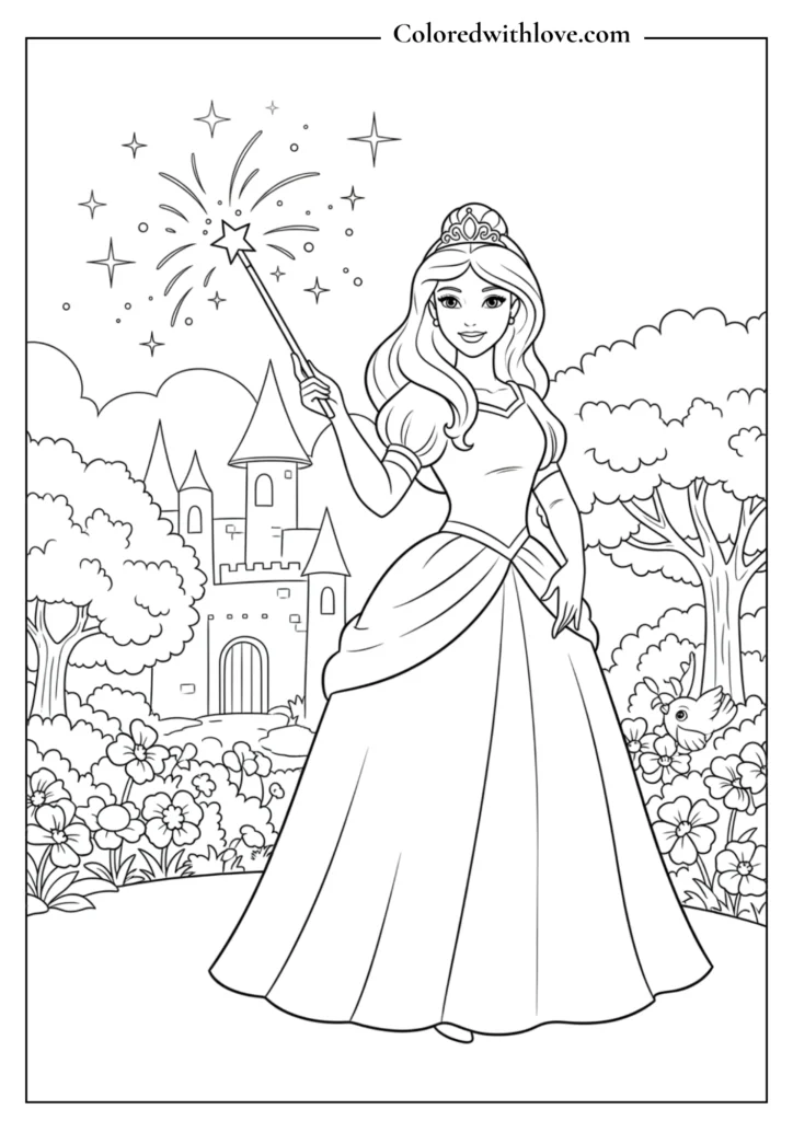 Princess holding a magic wand with sparkles around her.