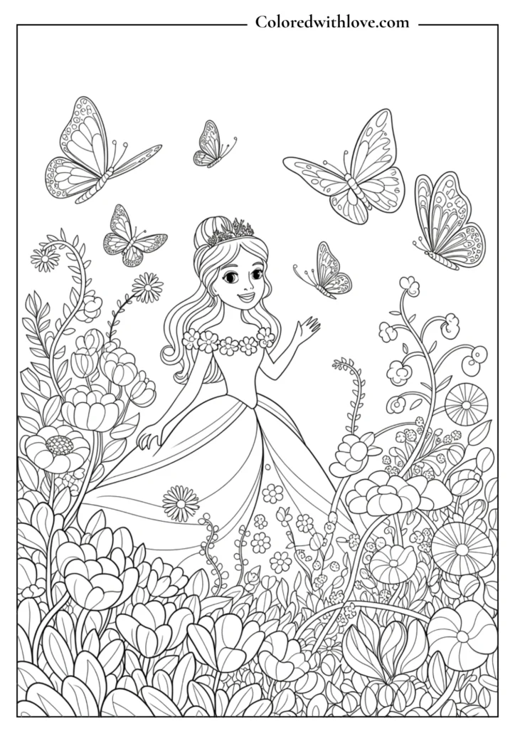 Princess in a magical garden with butterflies.