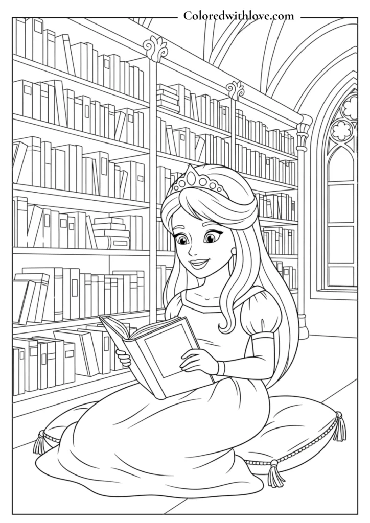 Princess reading a book in a castle library.