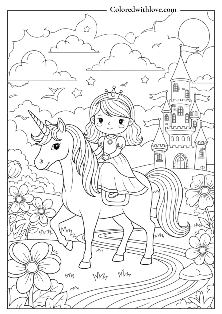 Princess riding a unicorn in a fantasy land