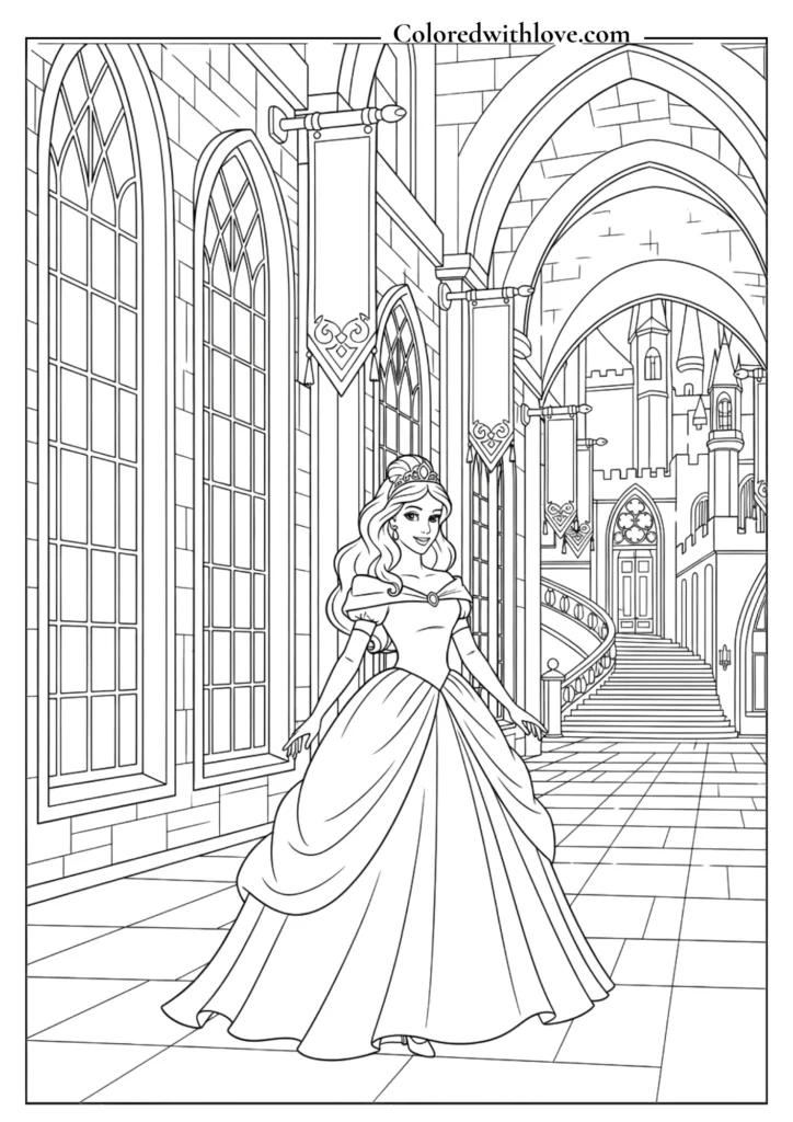 Elegant princess standing in a castle hallway.