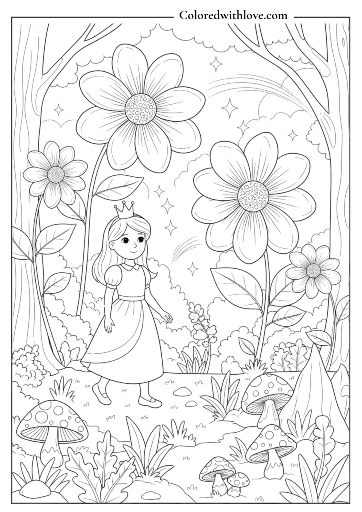 Princess walking in an enchanted forest with glowing flowers.