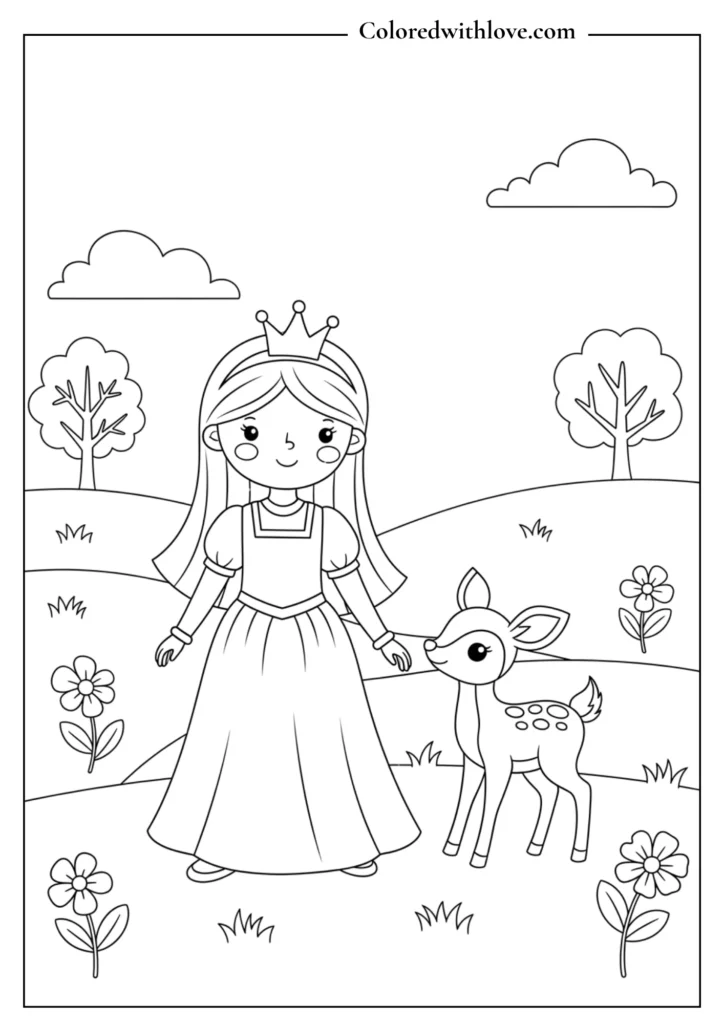 Princess walking with a baby deer.