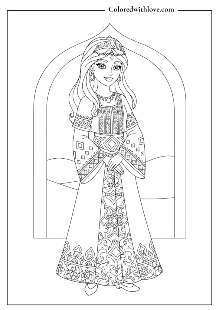 Princess wearing a traditional Arab dress with elegant patterns.
