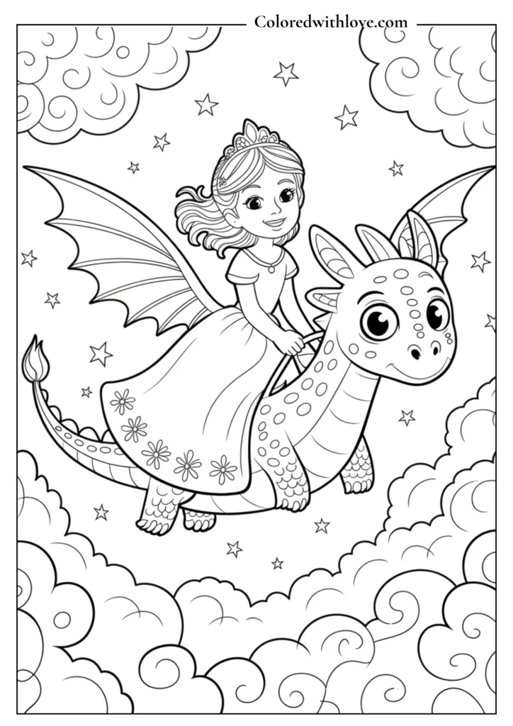 Princess with a dragon flying behind her.