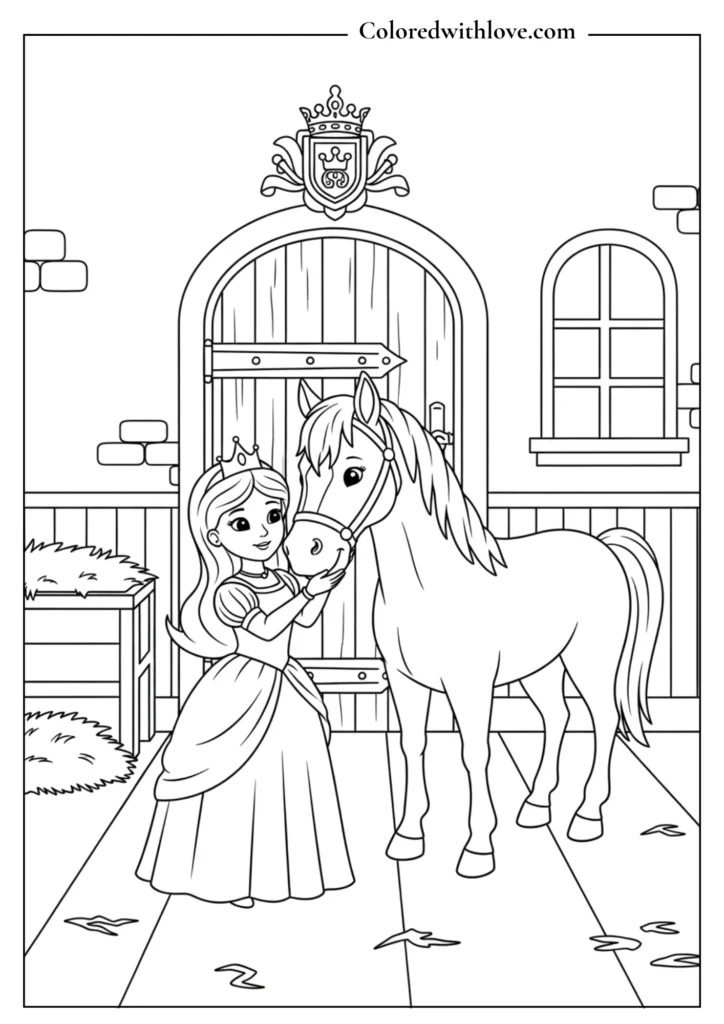 Princess with a horse in a royal stable.