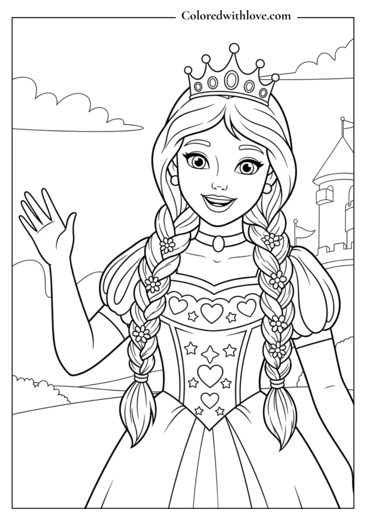 Smiling princess waving with a crown and braided hair.