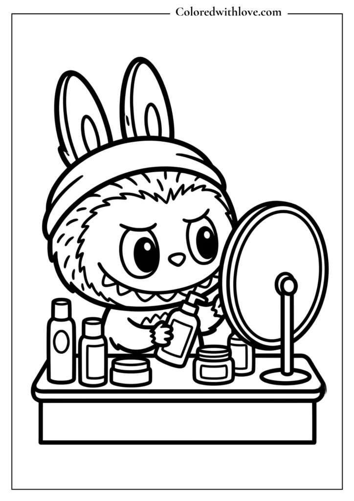 Cute Labubu doing makeup in front of mirror coloring page