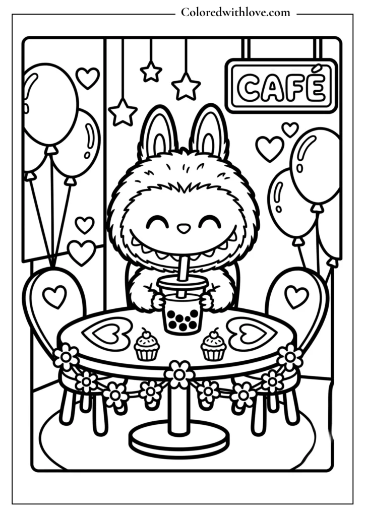 Cute Labubu having tea party at cafe coloring page