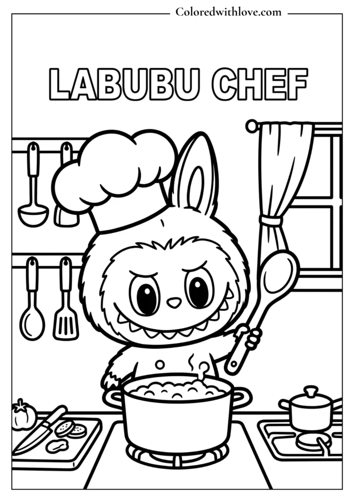 Cute Labubu chef cooking in kitchen coloring page