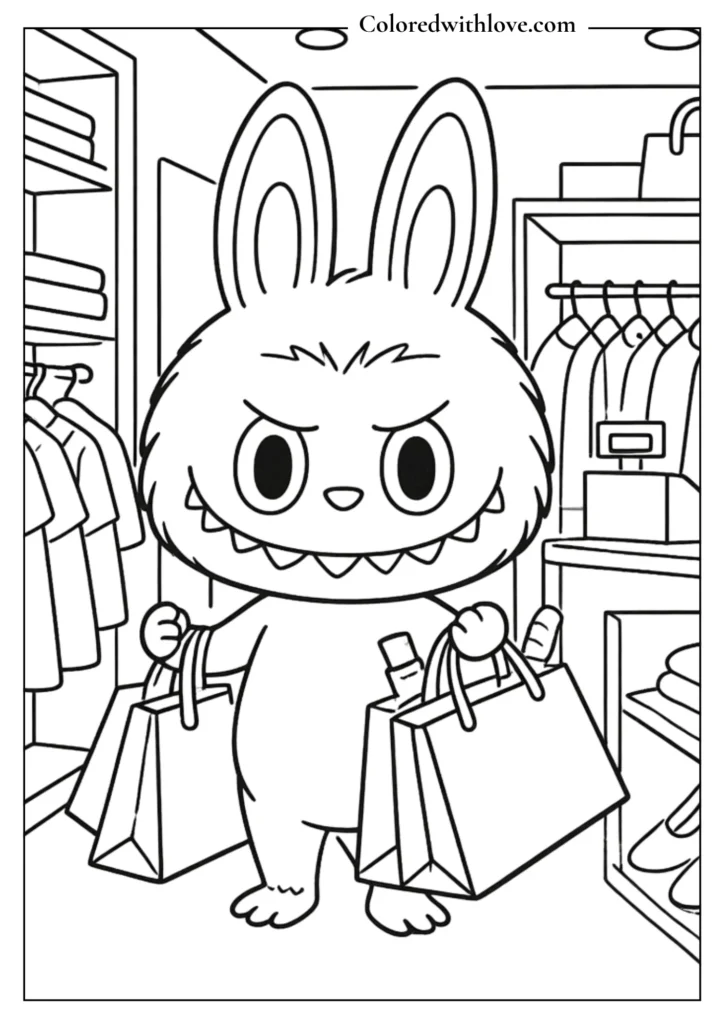 Stylish Labubu wearing fashionable outfit coloring page