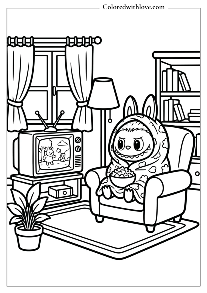 Cute Labubu relaxing in living room coloring page